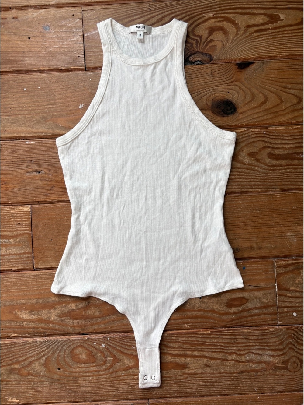 AGOLDE Rianne Ribbed Bodysuit Medium Ivory High Neck Sleeveless Stretch